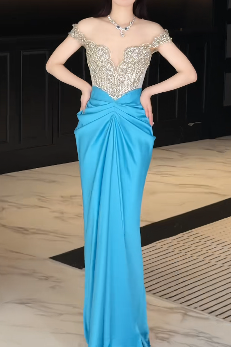 Longue robe de soirée chic bleue, fourreau sans épaules, en satin orné de perles, robe de bal DP05352