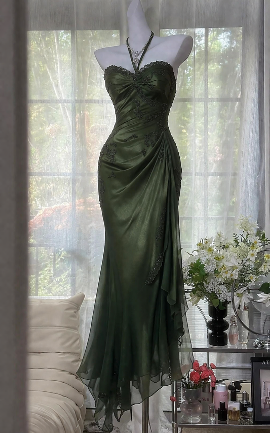 Chic Green Long Evening Dress  Halter Sheath Chiffon Wedding Guest Dress DP05354