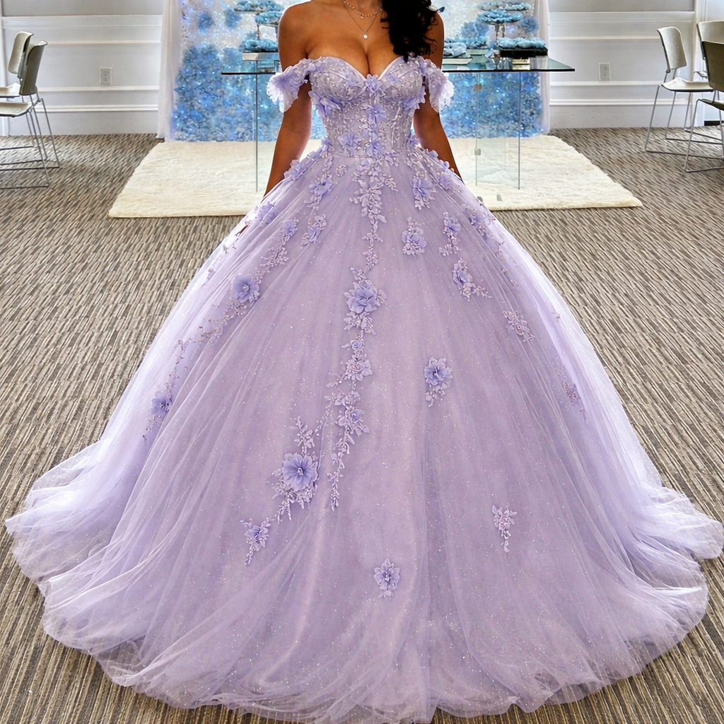 Gorgeous Purple Quinceanera Dress Applique Tulle Sweet 16 Dress Off-shoulder Ball Gown Sleeveless Prom Dress DP05357