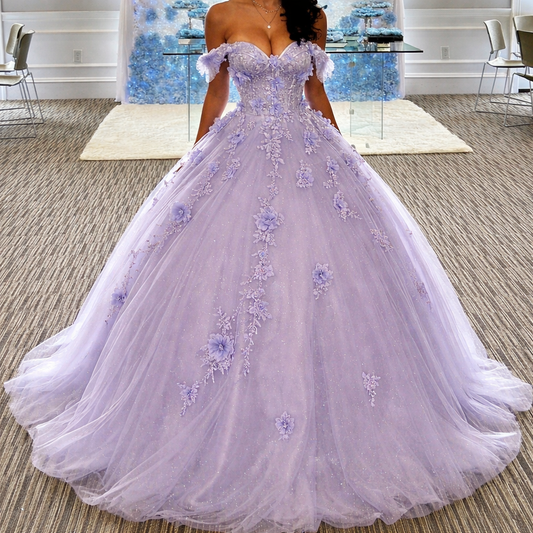 Gorgeous Purple Quinceanera Dress Applique Tulle Sweet 16 Dress Off-shoulder Ball Gown Sleeveless Prom Dress DP05357