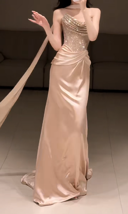 Chic Gold Evening Dress Strapless Sheath Tulle Long Prom Dress Sleeveless Birthday Dress DP05359