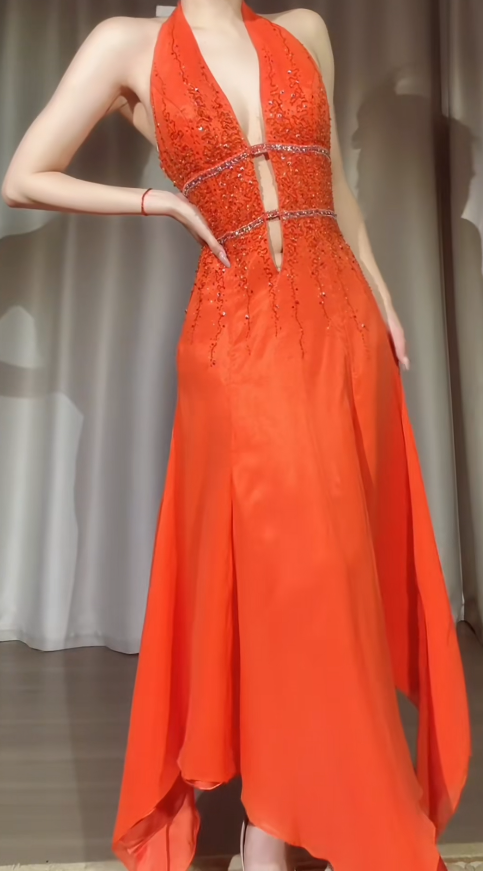 Chic Orange Prom Dress A-Line Halter Beaded Chiffon Long Evening Dress DP05368