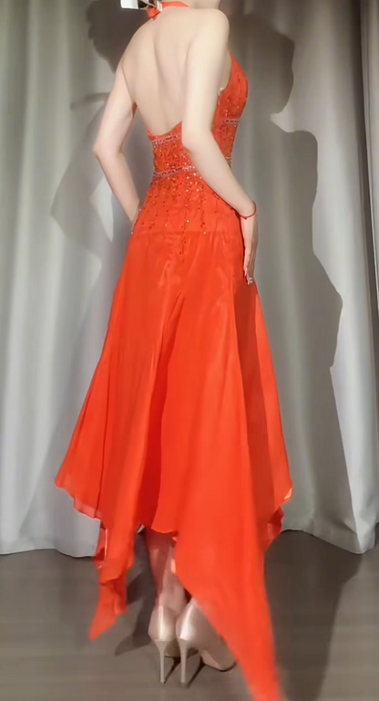 Chic Orange Prom Dress A-Line Halter Beaded Chiffon Long Evening Dress DP05368