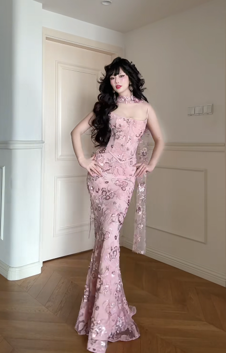 Chic Pink Prom Dress Sheath Spaghetti Straps Tulle Floral Long Evening Dress DP05369