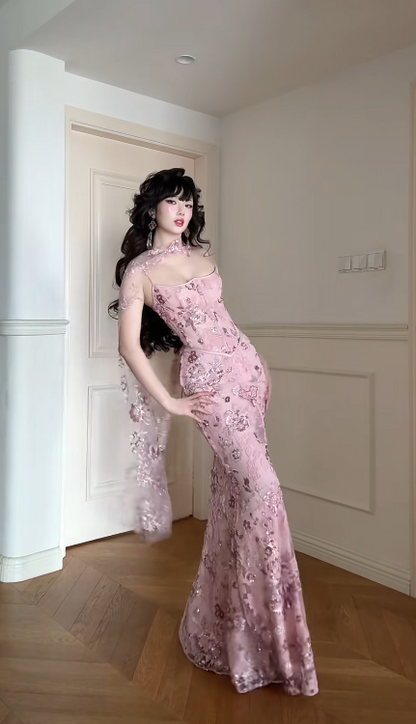 Chic Pink Prom Dress Sheath Spaghetti Straps Tulle Floral Long Evening Dress DP05369