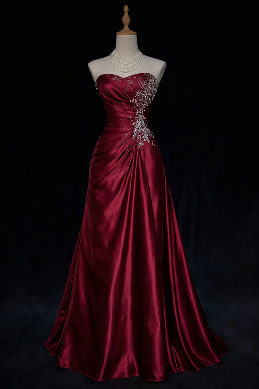 Chic Burgundy Prom Dress Sweetheart Satin Long Evening Dress Sheath Sleeveless Formal Dress DP05371