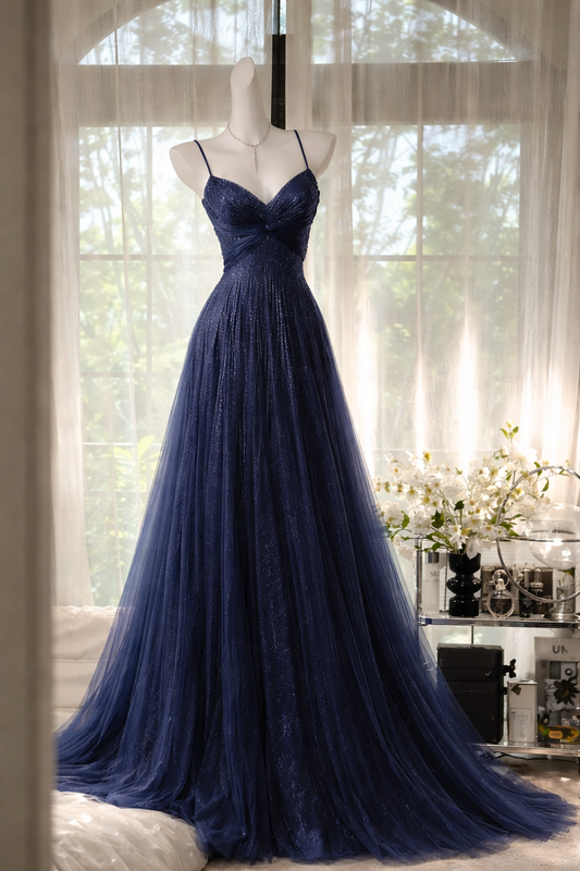 Chic Navy Blue Prom Dress Tulle A-Line Long Evening Dress Spaghetti Straps Sleeveless Formal Dress DP05374
