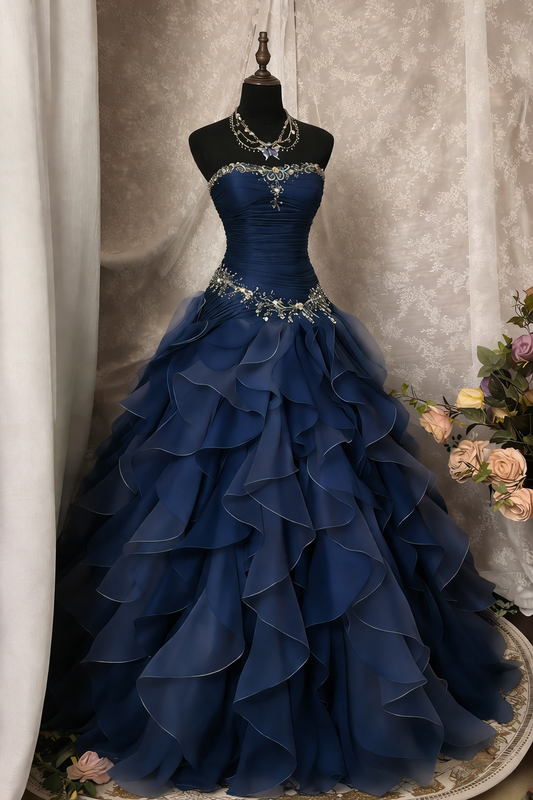 Classy Navy Blue Prom Dress Chiffon A-Line Long Evening Dress Strapless Sleeveless Formal Dress DP05375