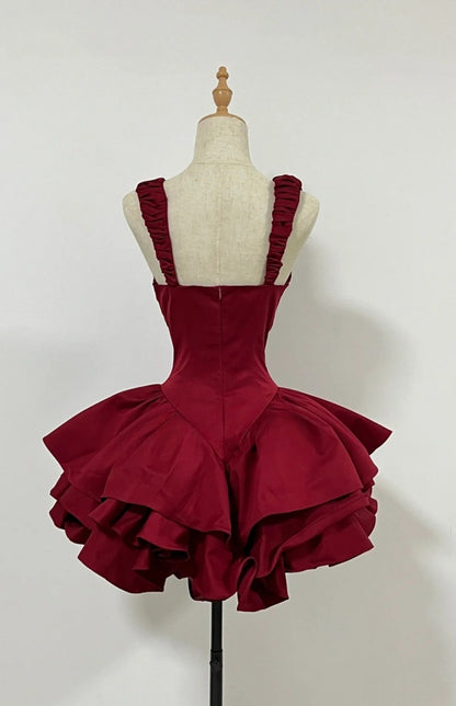 Classy Burgundy Short Prom Dress Satin A-Line Birthday Dress Straps Sleeveless Formal Dress DP05376