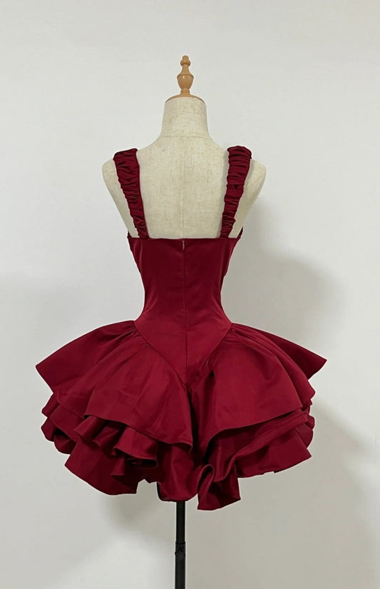 Classy Burgundy Short Prom Dress Satin A-Line Birthday Dress Straps Sleeveless Formal Dress DP05376