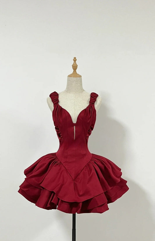 Classy Burgundy Short Prom Dress Satin A-Line Birthday Dress Straps Sleeveless Formal Dress DP05376