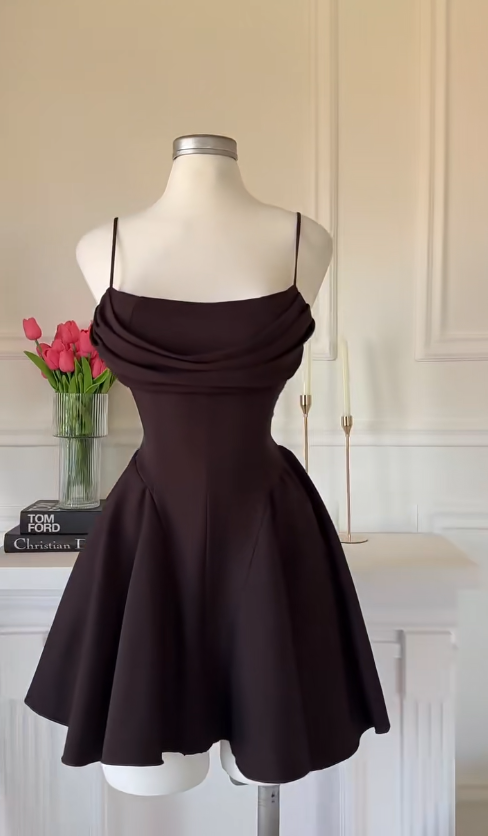 Simple Dark Brown Short Prom Dress Spaghetti Straps A-Line Cocktail Dress Sleeveless Satin Birthday Dress DP05378