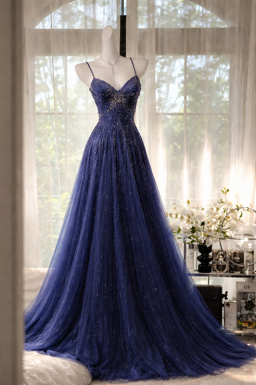 Chic Navy Blue Prom Dress Spaghetti Straps A-Line Tulle Beaded Long Evening Dress Sleeveless Formal Dress DP05384