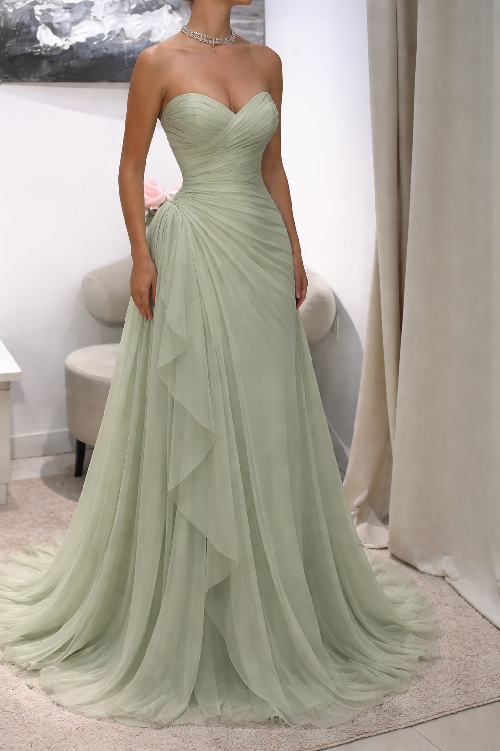 Elegantes Salbei-Ballkleid, Sweetheart-Scheide, Chiffon, langes Abendkleid, ärmelloses Festkleid DP05386