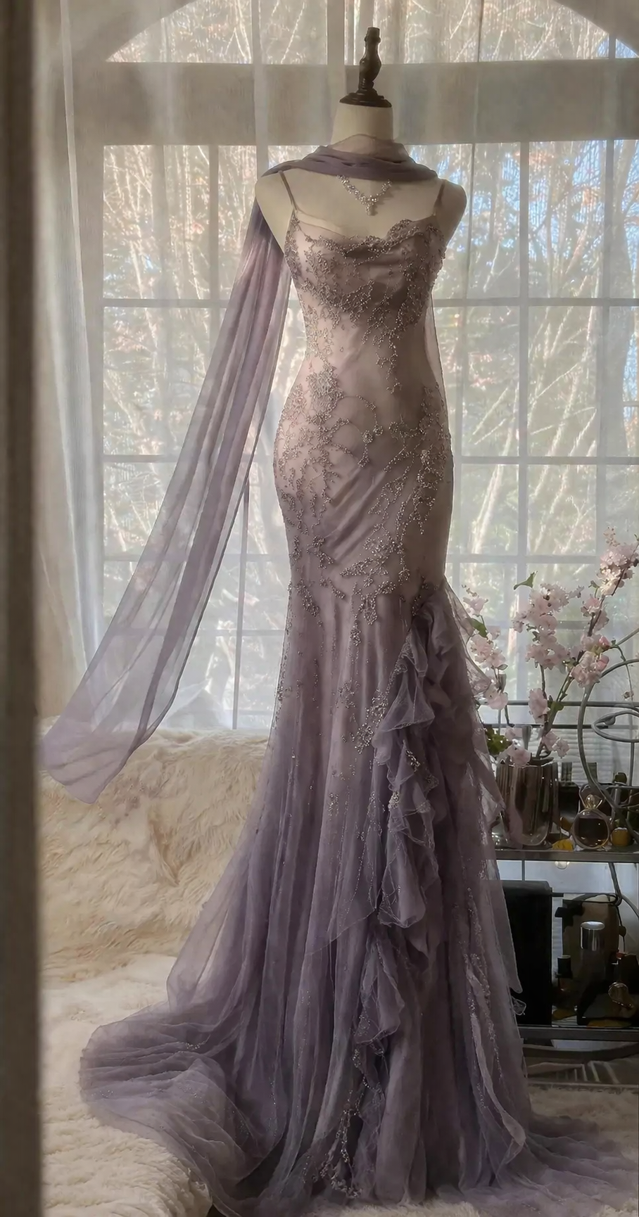 Chic Dusty Purple Prom Dress Spaghetti Straps Sheath Chiffon Beaded Long Evening Dress Sleeveless Formal Dress   DP05387