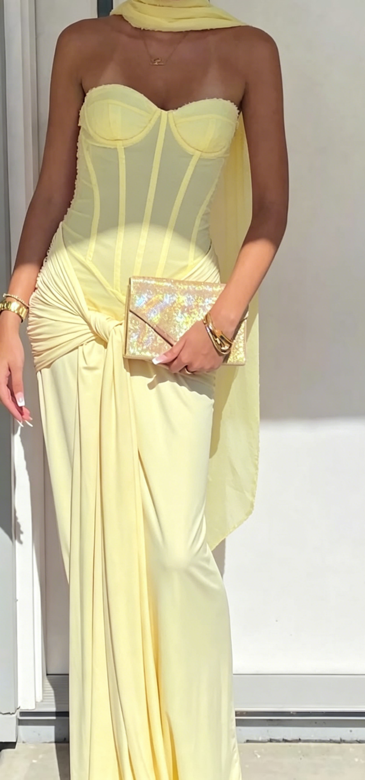 Simple Yellow Wedding Guest Dress Sweetheart Sheath Chiffon Long Evening Dress DP05389