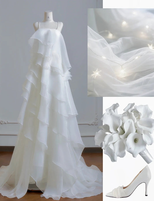 Einfaches, weißes Brautkleid mit Trägern, Etui-Brautkleid, gestuftes Chiffon-Brautkleid DP05389