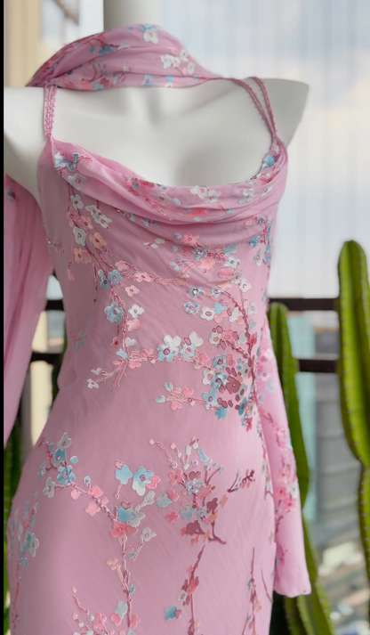 Simple Pink Wedding Guest Dress Sweetheart Sheath Chiffon Floral Long Evening Dress DP05390