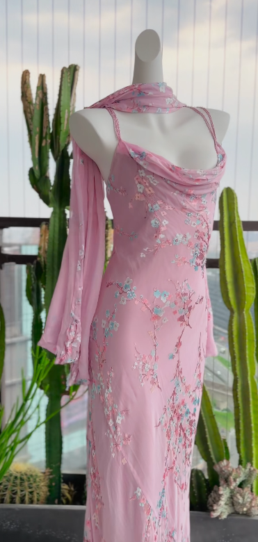 Simple Pink Wedding Guest Dress Sweetheart Sheath Chiffon Floral Long Evening Dress DP05390
