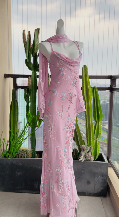 Simple Pink Wedding Guest Dress Sweetheart Sheath Chiffon Floral Long Evening Dress DP05390