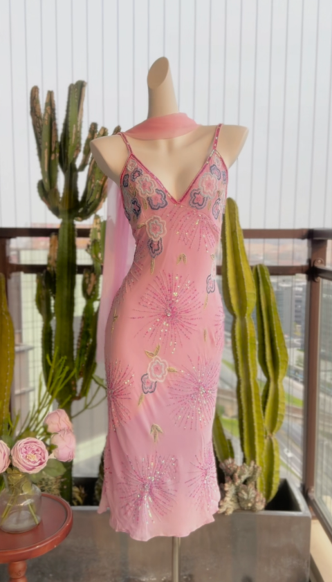 Vintage Pink Wedding Guest Dress Spaghetti Straps Sheath Chiffon Beaded Short Evening Dress DP05391