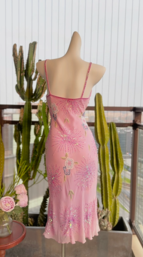 Vintage Pink Wedding Guest Dress Spaghetti Straps Sheath Chiffon Beaded Short Evening Dress DP05391