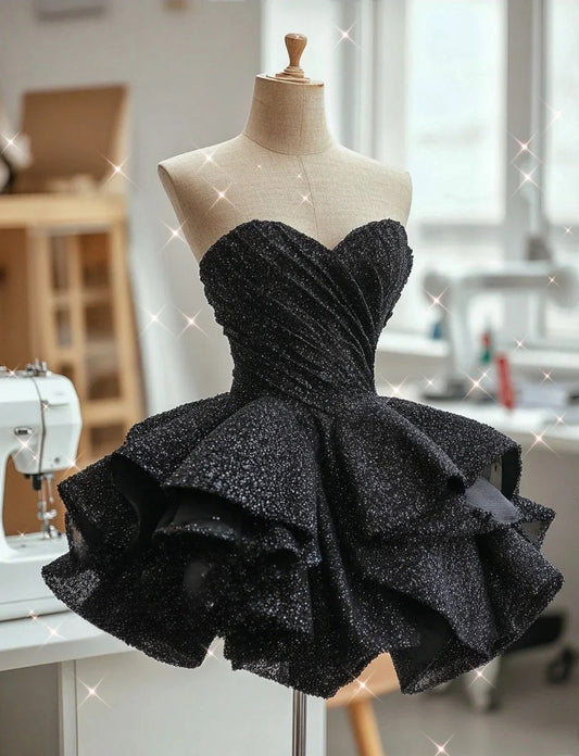 Sexy Black Short Prom Dress Sweetheart A-line Tulle Birthday Dress Sleeveless Cocktail Dress DP05393