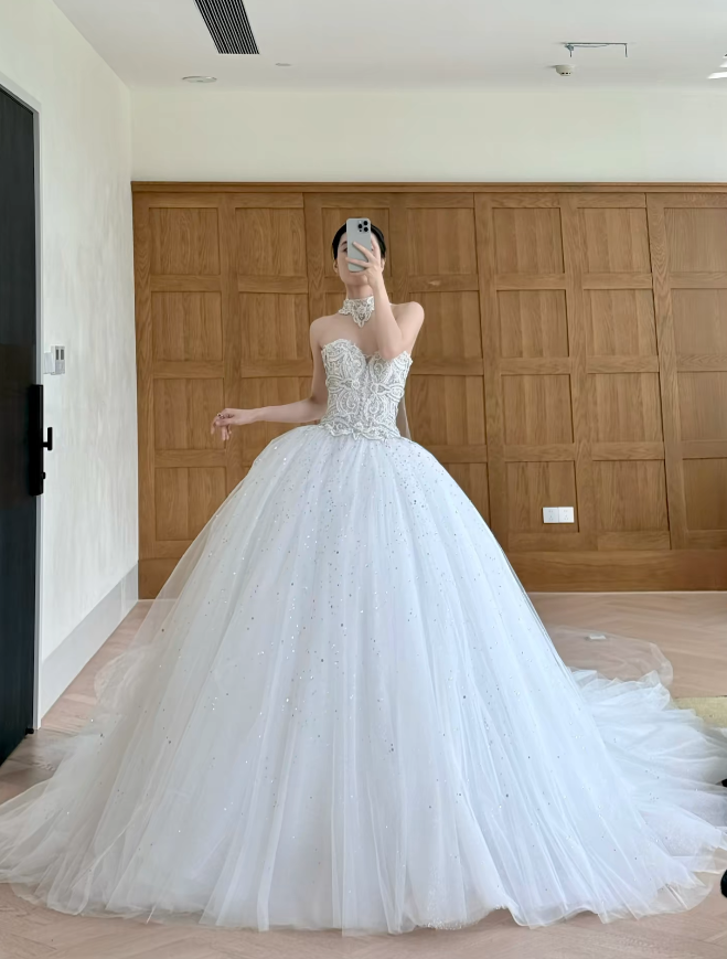 Timeless Sweetheart Wedding Dress A-Line Tulle Appliques Bridal Dress Sleeveless White Birdal Gowns DP05398