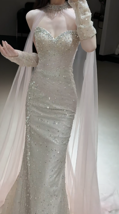 Timeless Sweetheart Wedding Dress Sheath Tulle Beaded Bridal Dress Sleeveless Champagne Birdal Gowns DP05399