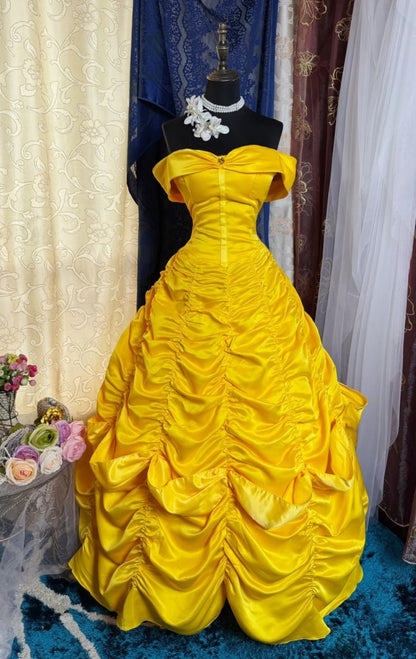 Gorgeous Yellow Quinceanera Dress Off-shoulder Ball Gown Satin Sweet 16 Dress Sleeveless Birthday Dress DP05404