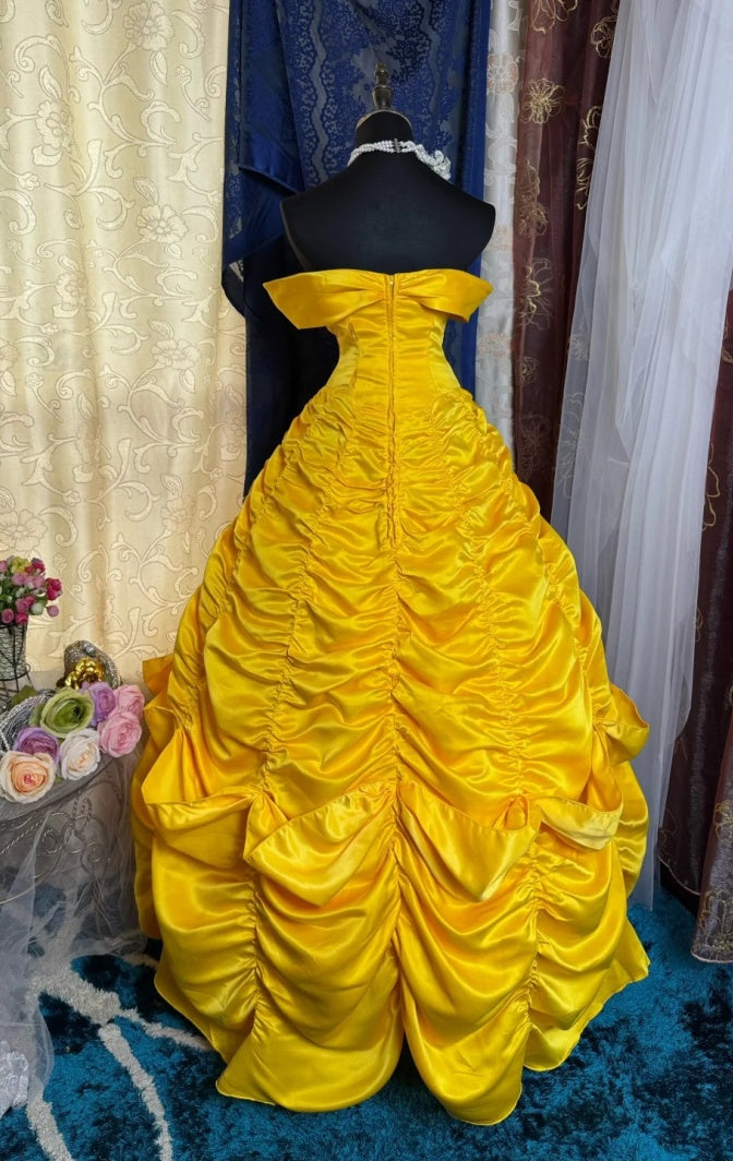 Gorgeous Yellow Quinceanera Dress Off-shoulder Ball Gown Satin Sweet 16 Dress Sleeveless Birthday Dress DP05404