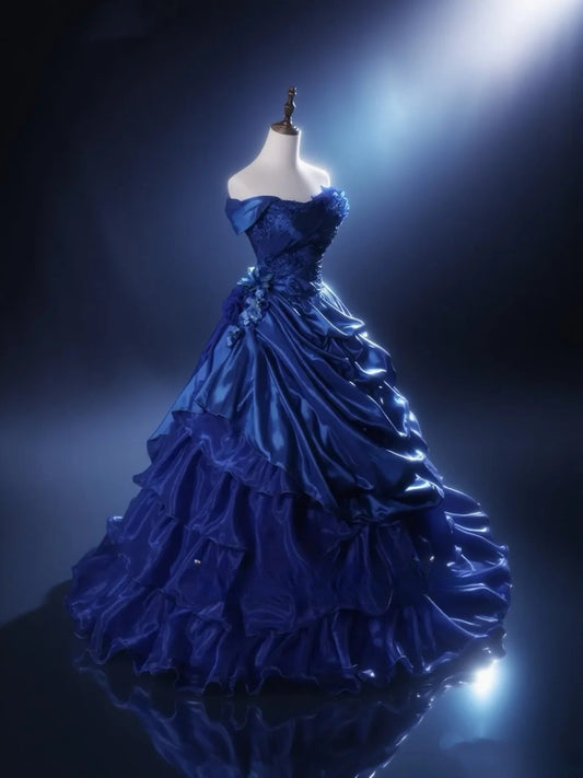 Wunderschönes marineblaues Quinceañera-Kleid, schulterfreies Ballkleid aus Satin, Sweet 16 Kleid, ärmelloses Geburtstagskleid DP05406
