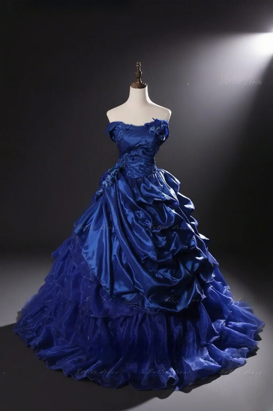 Wunderschönes marineblaues Quinceañera-Kleid, schulterfreies Ballkleid aus Satin, Sweet 16 Kleid, ärmelloses Geburtstagskleid DP05406