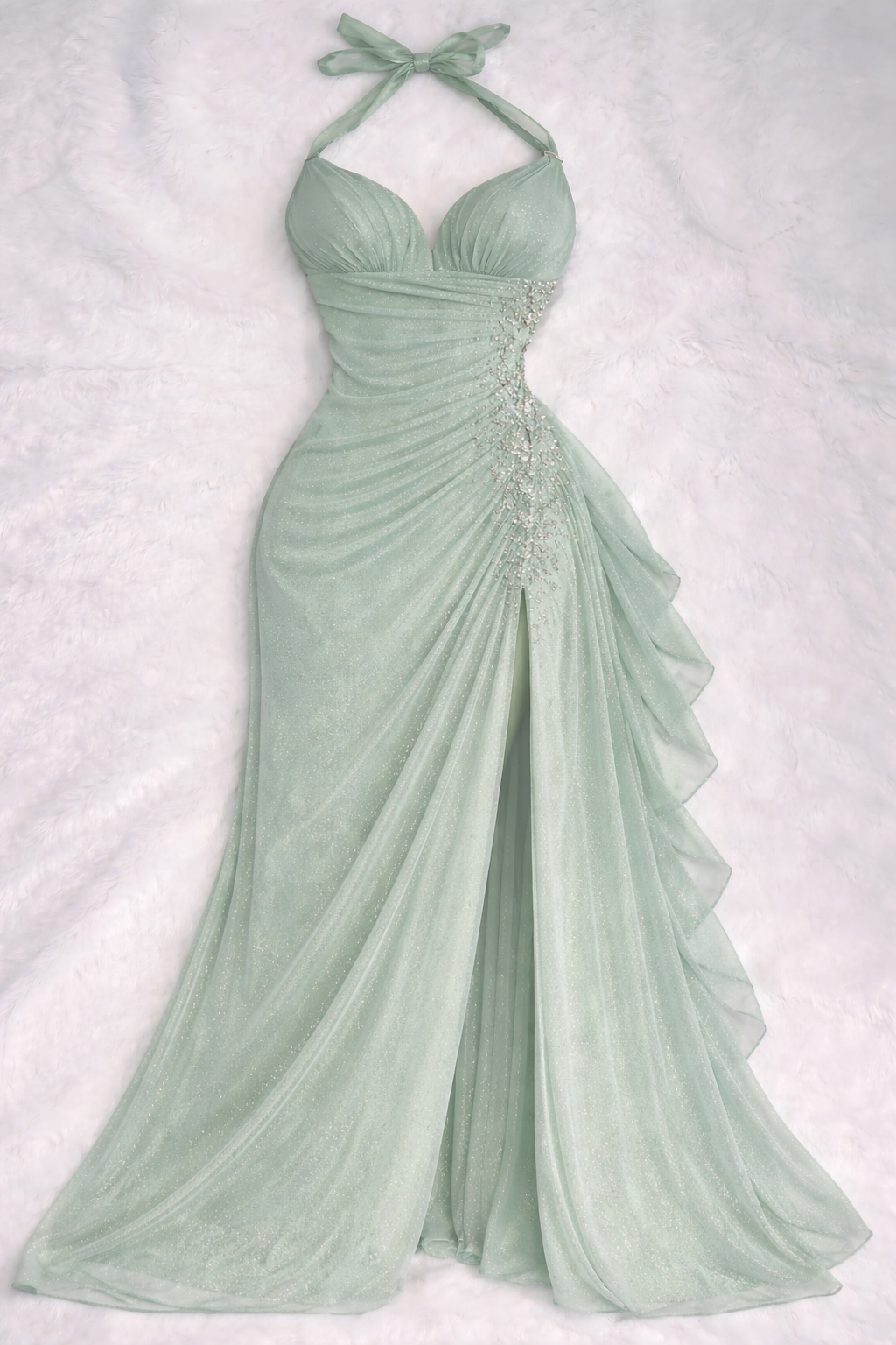 Classy Mint Green Prom Dress Halter Sheath Chiffon Long Evening Dress DP05408