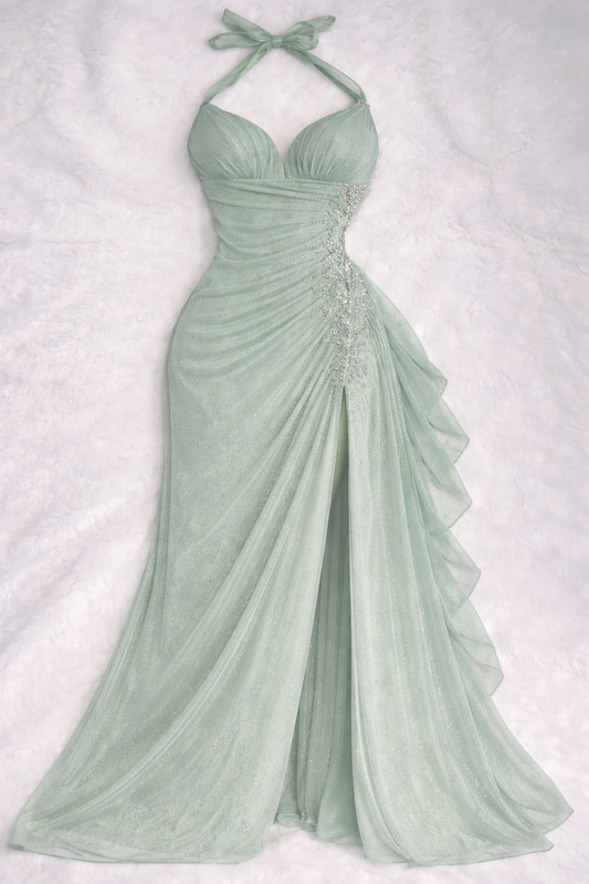 Elegantes mintgrünes Ballkleid Neckholder Etui-Chiffon langes Abendkleid DP05408