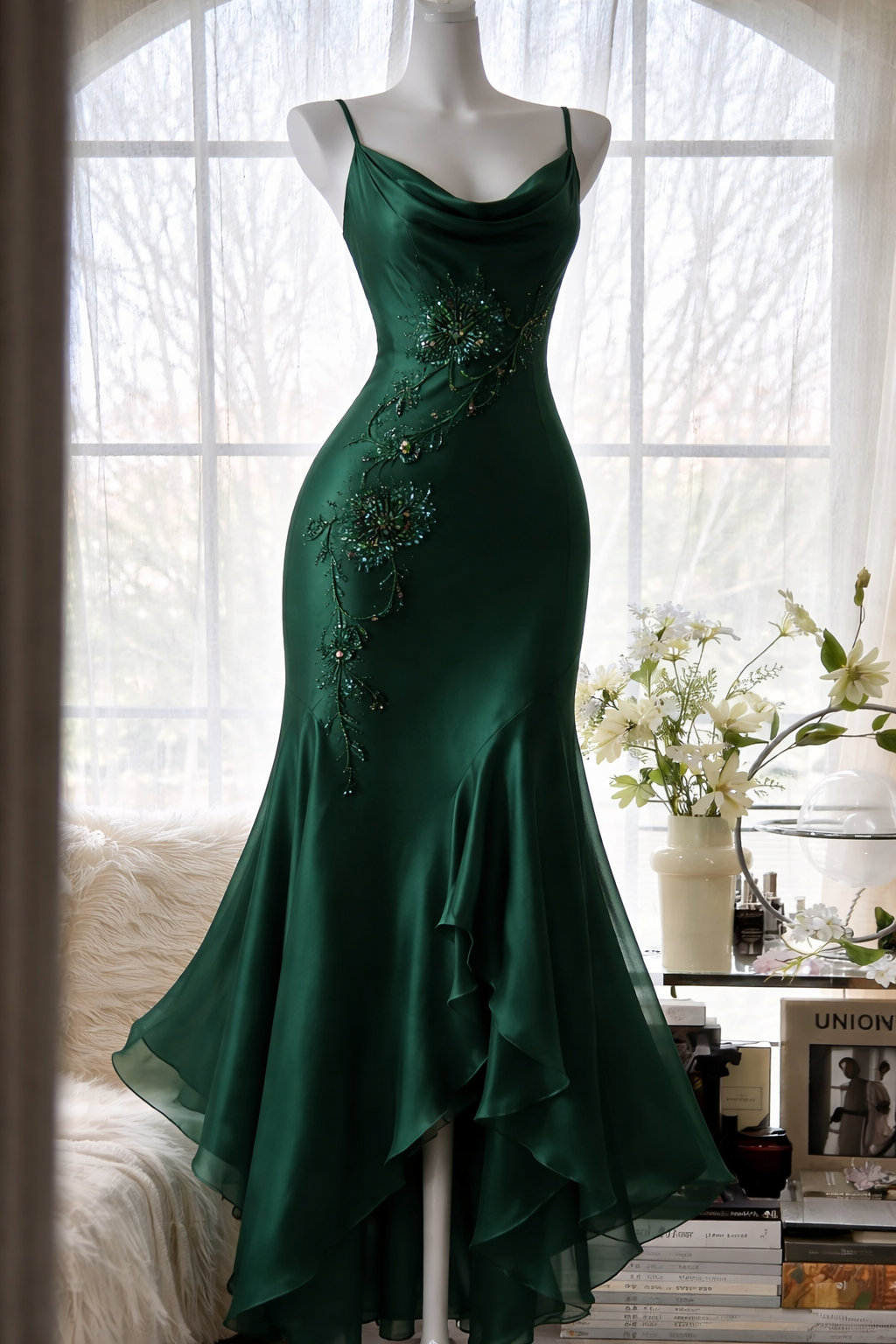 Classy Dark Green Short Prom Dress Spaghetti Straps Formal Dress  Sheath Chiffon Beaded  Evening Dress DP05409