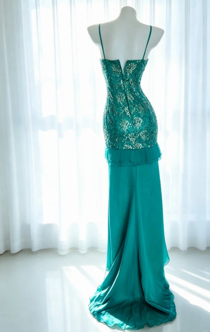 Classy Green Prom Dress Spaghetti Straps Formal Dress Sheath Tulle Long Evening Dress DP05410