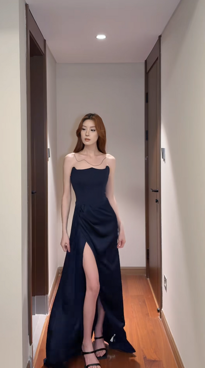 Sexy Navy Blue Prom Dress Strapless Formal Dress Sheath Satin Long Evening Dress with Slit DP05412