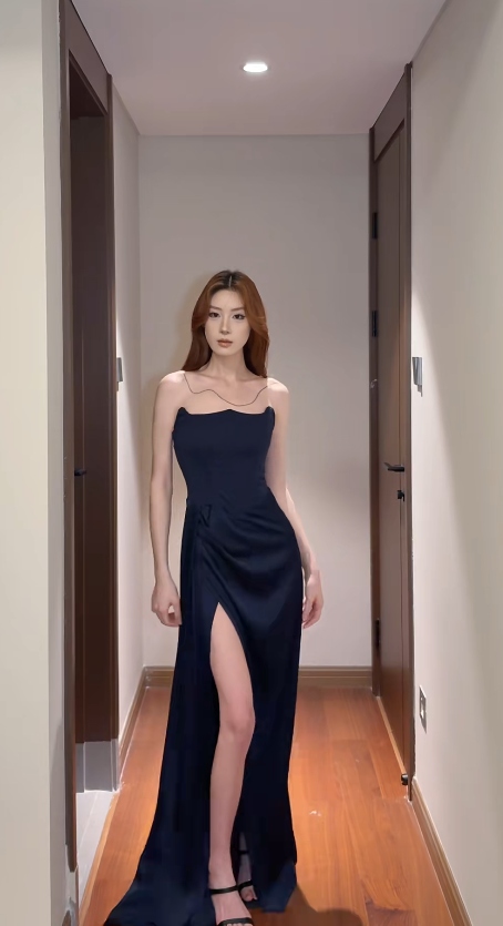 Sexy marineblaues Ballkleid, trägerloses Abendkleid, Scheide, Satin, langes Abendkleid mit Schlitz DP05412