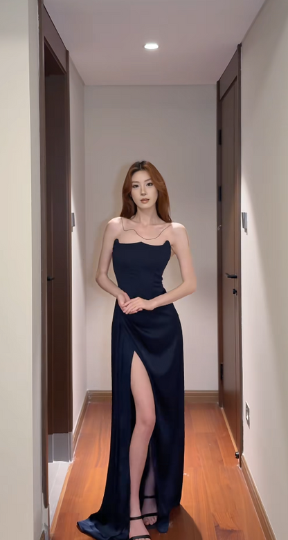 Sexy Navy Blue Prom Dress Strapless Formal Dress Sheath Satin Long Evening Dress with Slit DP05412