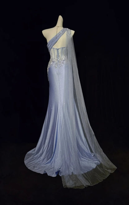 Sexy Blue Prom Dress One-shoulder Formal Dress Sheath Beaded Long Evening Dress  DP05413