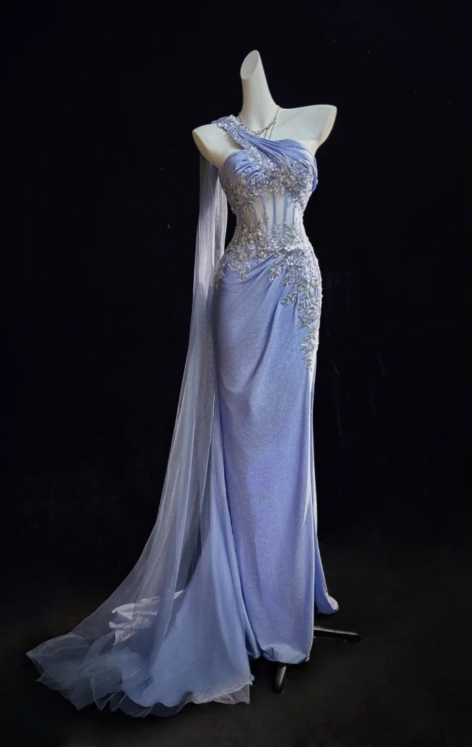 Sexy Blue Prom Dress One-shoulder Formal Dress Sheath Beaded Long Evening Dress  DP05413