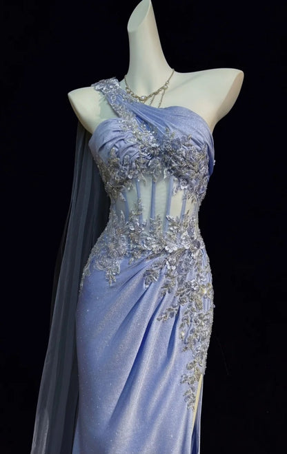 Sexy Blue Prom Dress One-shoulder Formal Dress Sheath Beaded Long Evening Dress  DP05413