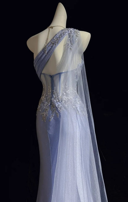 Sexy Blue Prom Dress One-shoulder Formal Dress Sheath Beaded Long Evening Dress  DP05413