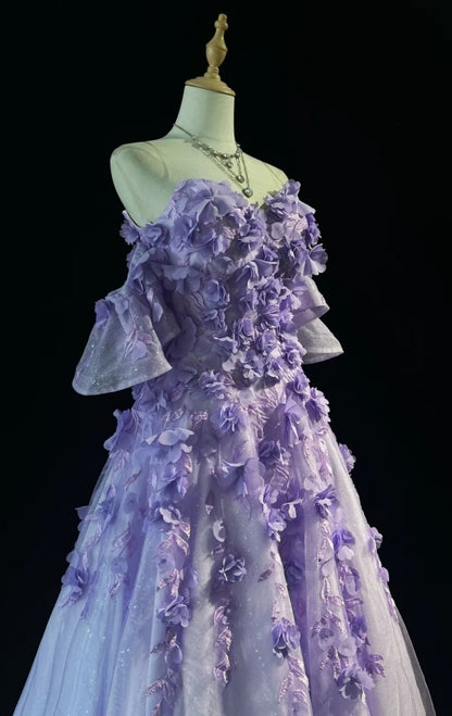 Fairy Purple Prom Dress Sweetheart Formal Dress A-Line Tulle Appliques Long Evening Dress DP05414
