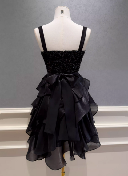 Chic Black Cocktail Dress Straps A-Line Graduation Party Dress Tulle Birthday Dress DP05418