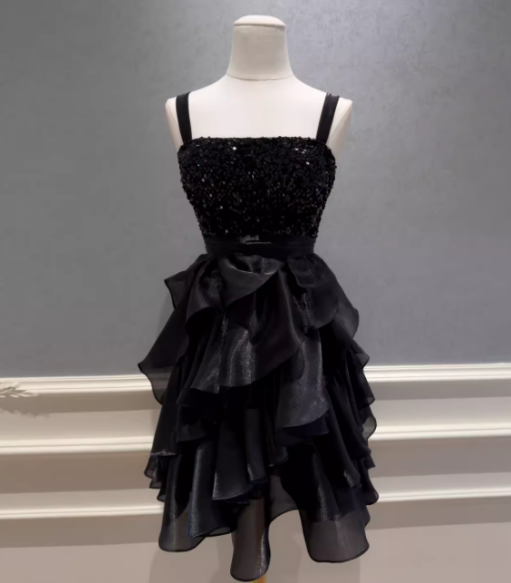 Chic Black Cocktail Dress Straps A-Line Graduation Party Dress Tulle Birthday Dress DP05418