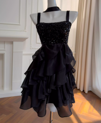 Chic Black Cocktail Dress Straps A-Line Graduation Party Dress Tulle Birthday Dress DP05418
