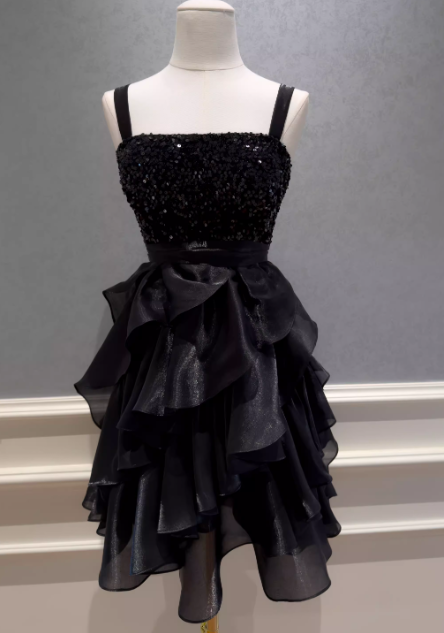 Chic Black Cocktail Dress Straps A-Line Graduation Party Dress Tulle Birthday Dress DP05418