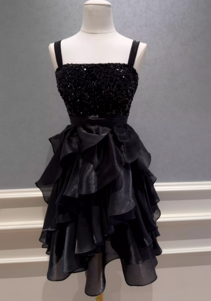 Chic Black Cocktail Dress Straps A-Line Graduation Party Dress Tulle Birthday Dress DP05418